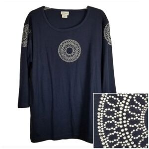 Distinct Womens 1X Plus 3/4 Sleeve Top Rhinestone Cut Out Boho Embellished Blue